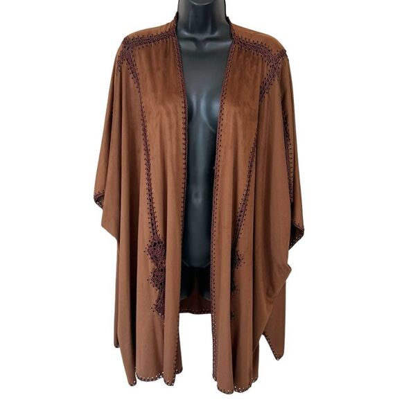 Chico’s Brown Faux-Suede Crochet Ruana Wrap - Picture 1 of 11